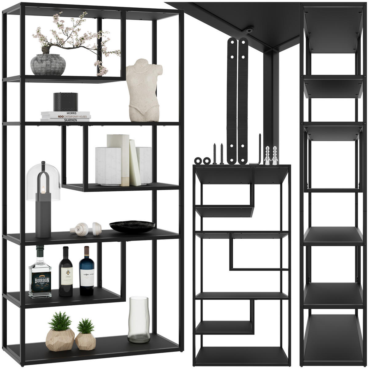 STANDREGAL Venda,inklusive Kippschutz, 85 x 35 x 188 cm ,schwarz - Schwarz, Holzwerkstoff (85/188/35cm) - tectake