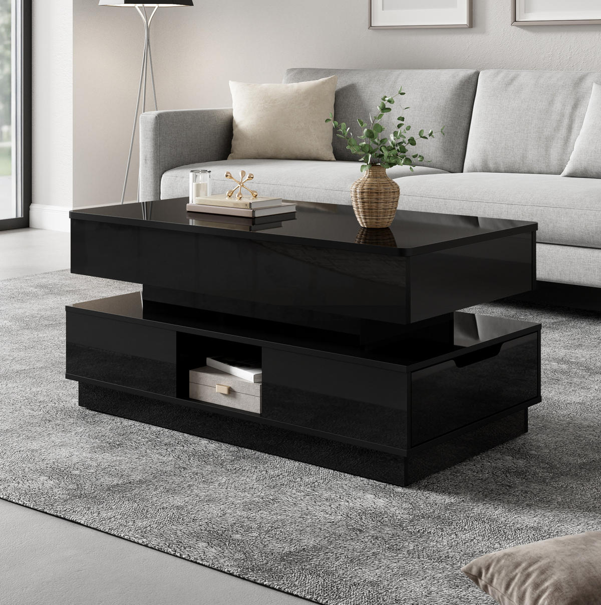 COUCHTISCH höhenverstellbar 90 x 48 cm MDF Schwarz mit Stauraum - Schwarz, Wellpappe (90/48/42.5cm) - Meubliv