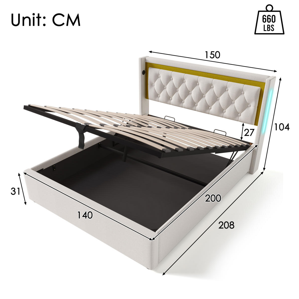 POLSTERBETT 140/200 cm Beige mit Stauraum, LED und USB- und Type-C-Anschlüssen - Beige, Textil (140/200cm) - Flora Grace