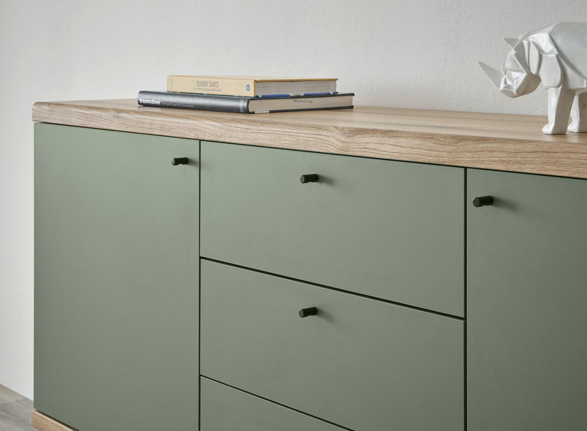 SIDEBOARD Salbei grün, Eiche Evoke, skandinavisch 160 cm, Kommode mit Vollauszug - Salbeigrün/Eichefarben, Holz/Holzwerkstoff (160/83/40cm) - Furn.Design