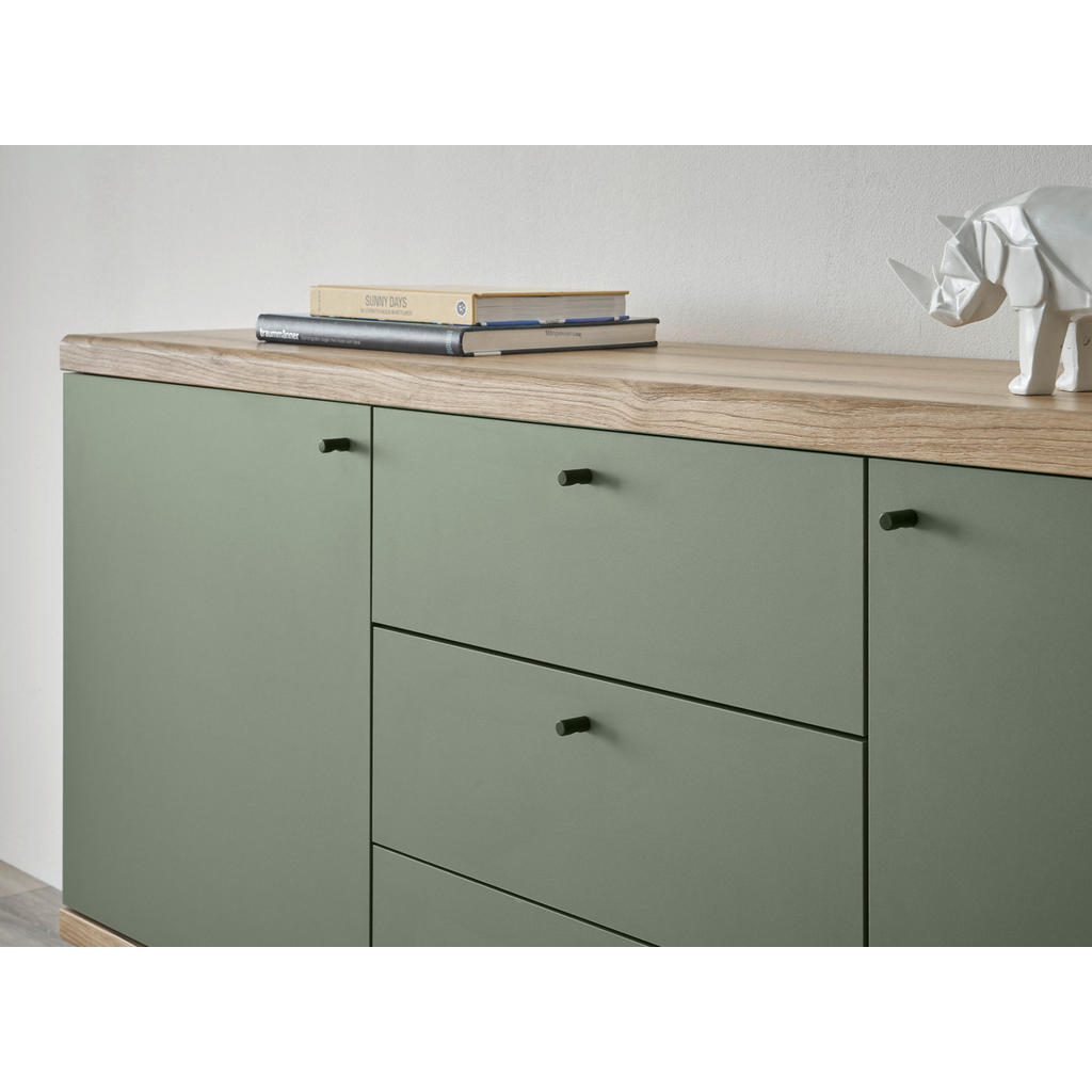 Thumbnail - Furn.Design Sideboard, Salbeigrün, Eiche, Metall, Nachbildung, Echtholz,Eiche, Holz Optik, Uni, 2 Fächer, 3 Schubladen, ...