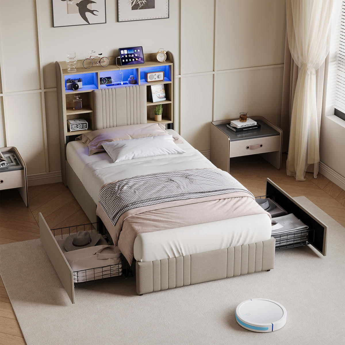 POLSTERBETT 90/200 cm Beige mit 2 Schubladen, LED-Kopfteil mit Ablage und USB - Beige, Metall (90/200cm) - EuroLiving