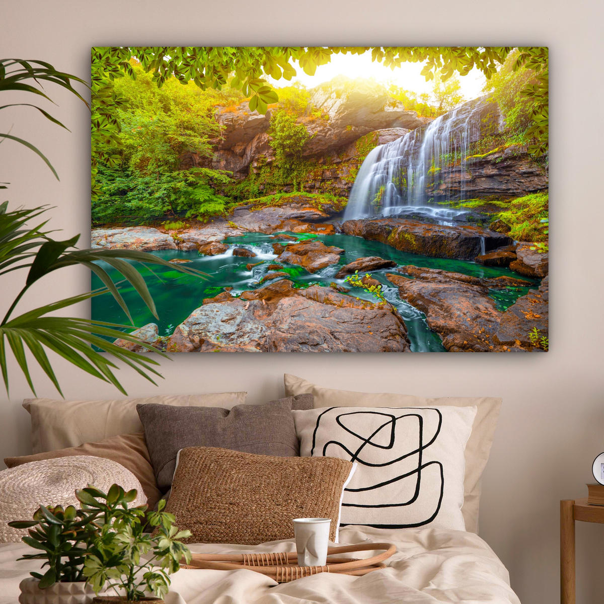 LEINWANDBILD Natur - Wasserfall - Pflanzen - Bäume - Sonne Groß 140x90 cm - Olivgrün, Textil (140/90cm) - MuchoWow