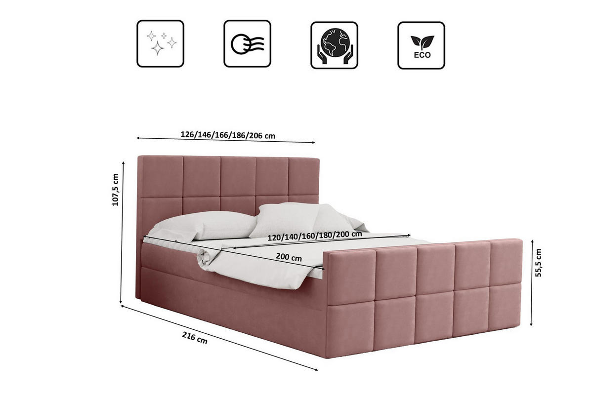BOXBETT mit Bettkasten und Matratze Topper HANA Stoff Matt Velvet Rosa 120x200 cm H2-Pocket - Rosa, Holz/Textil (120/200cm) - Kaiser Möbel