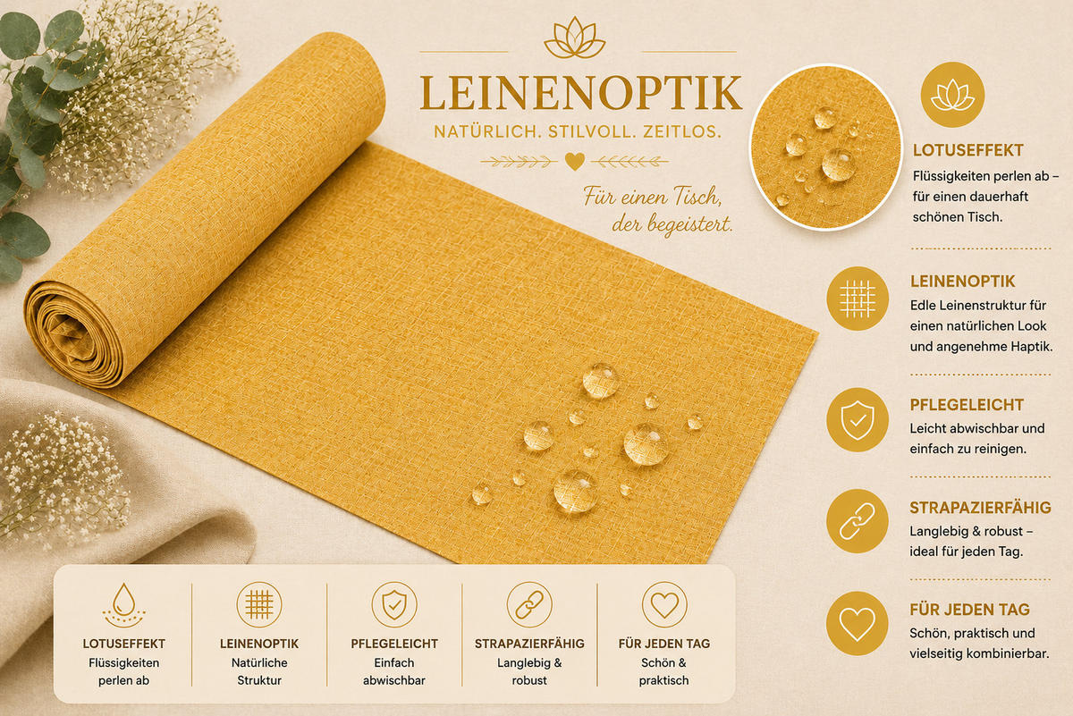 TISCHLÄUFER 40/100 cm Gelb Leinenoptik - Gelb, Textil (40/100cm) - TiborTex