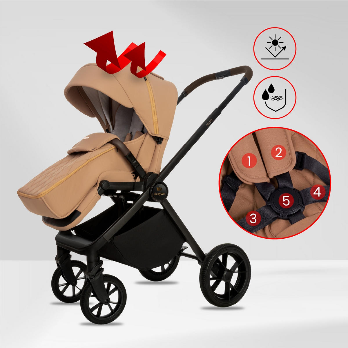 KINDERWAGEN Boldo 3in1 Sapphire Babywanne, Buggy Sportsitz, Babyschale I-Size - Beige/Schwarz, Textil/Metall (58/98cm) - BabyLux