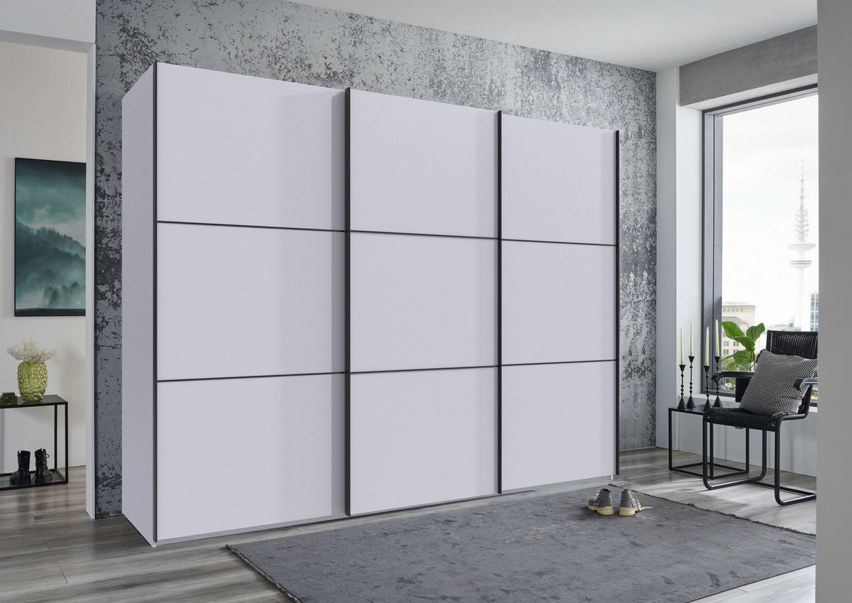 SCHWEBETÜRENSCHRANK 3-türig B300/H216/T65 cm inkl. Vollausstattung in Weiß / 22016 - Schwarz/Weiß, Holzwerkstoff/Metall (300/216/65cm) - luma-home