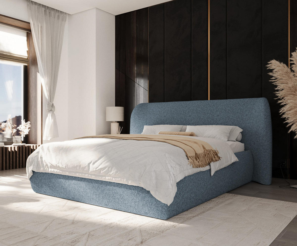 POLSTERBETT Bellano mit Stauraum 160/200 cm Blau im Bubble Stoff - Blau/Schwarz, Holz/Holzwerkstoff (160/200cm) - AltaBeds