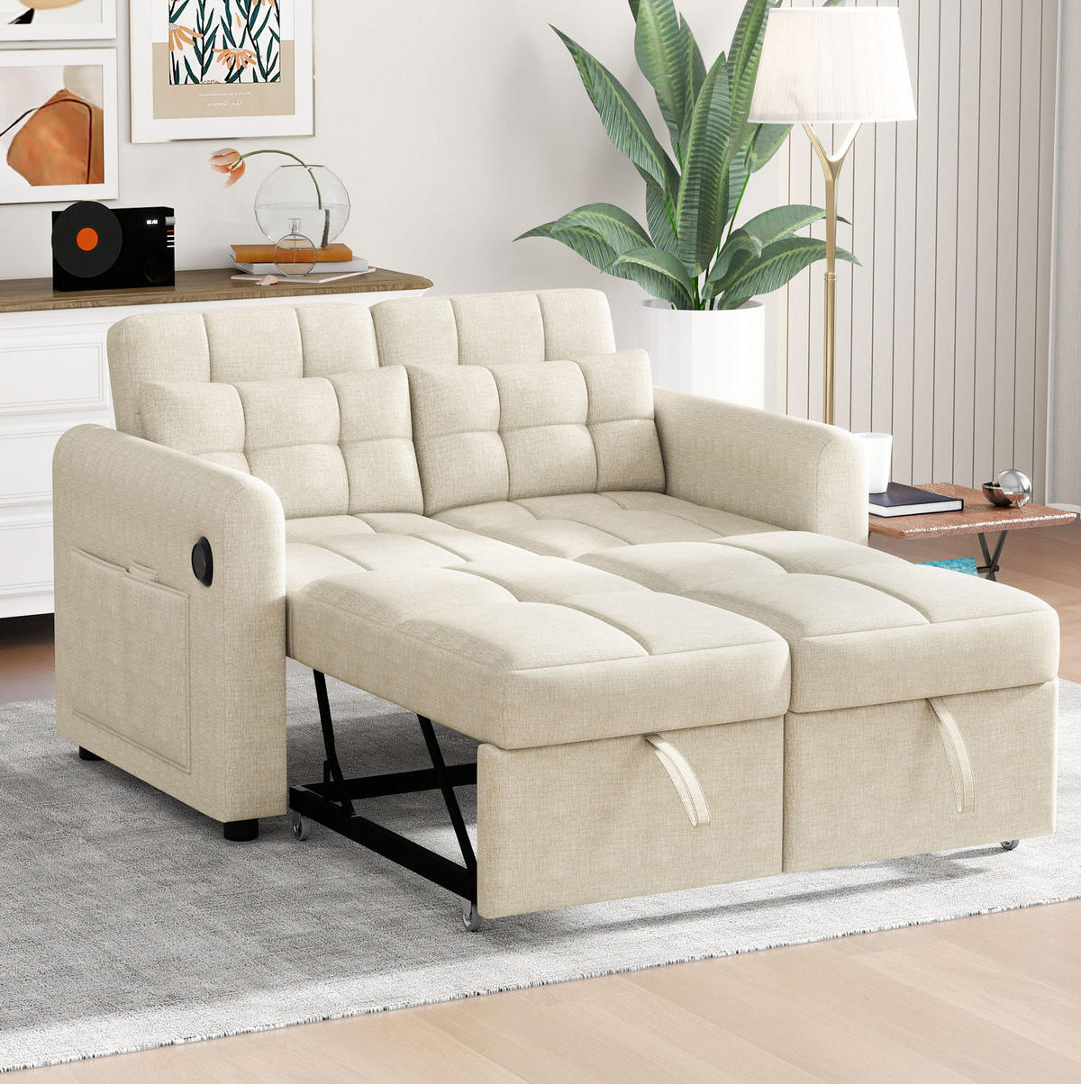 SCHLAFSOFA aus Baumwoll-Leinen 142x85x83 cm Beige mit USB, Armlehnentaschen und verstellbarer Rückenlehne - Beige, Textil (142/83/85cm) - Modfu