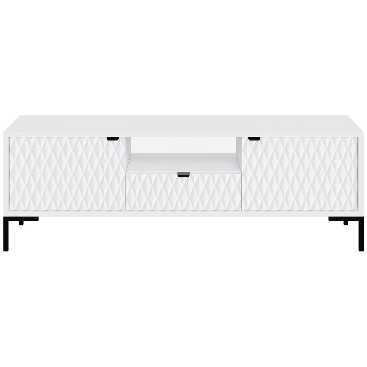 LOWBOARD Montreal mit 2 Türen, 1 Schublade und offenem Fach, dekorative 3D-Fronten, Weiß - Schwarz/Weiß, Holzwerkstoff/Metall (150/47/40cm) - Beautysofa