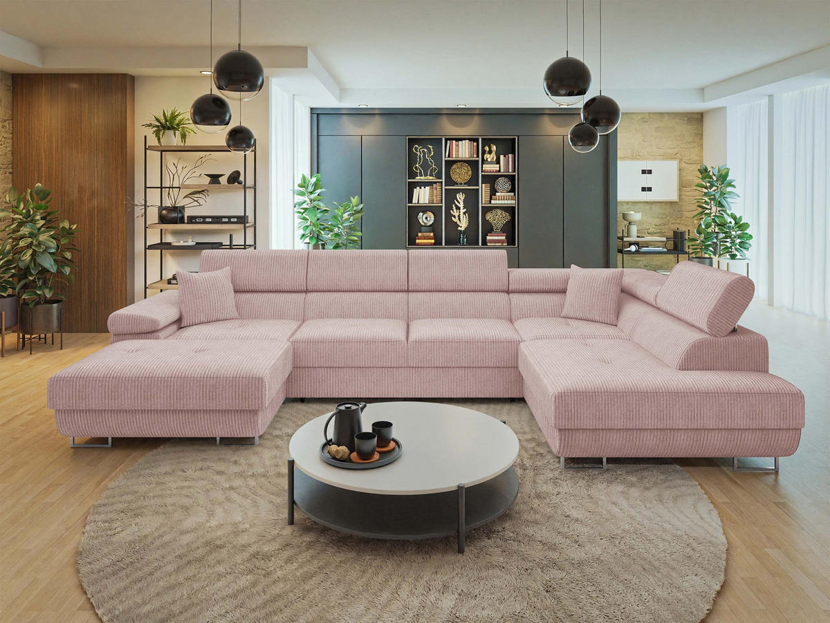 WOHNLANDSCHAFT Torezio Bis Cord, Seite: Rechts - Rosa, Holz/Textil (346/90/203cm) - MIRJAN24