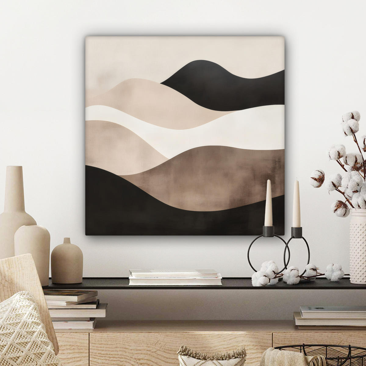 LEINWANDBILD Abstrakt - Landschaft - Wellen - Cremefarben Wandbild Wohnzimmer 50x50 cm - Cappuccino, Textil (50/50cm) - MuchoWow