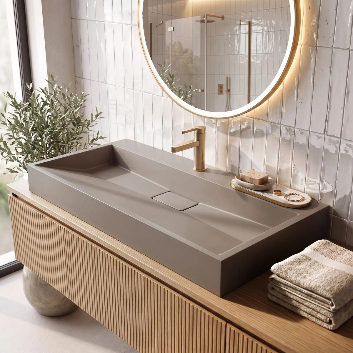WASCHBECKEN Konglomerat Rea Goya Taupe 100cm - Beige, Keramik (46/14/100cm) - REA