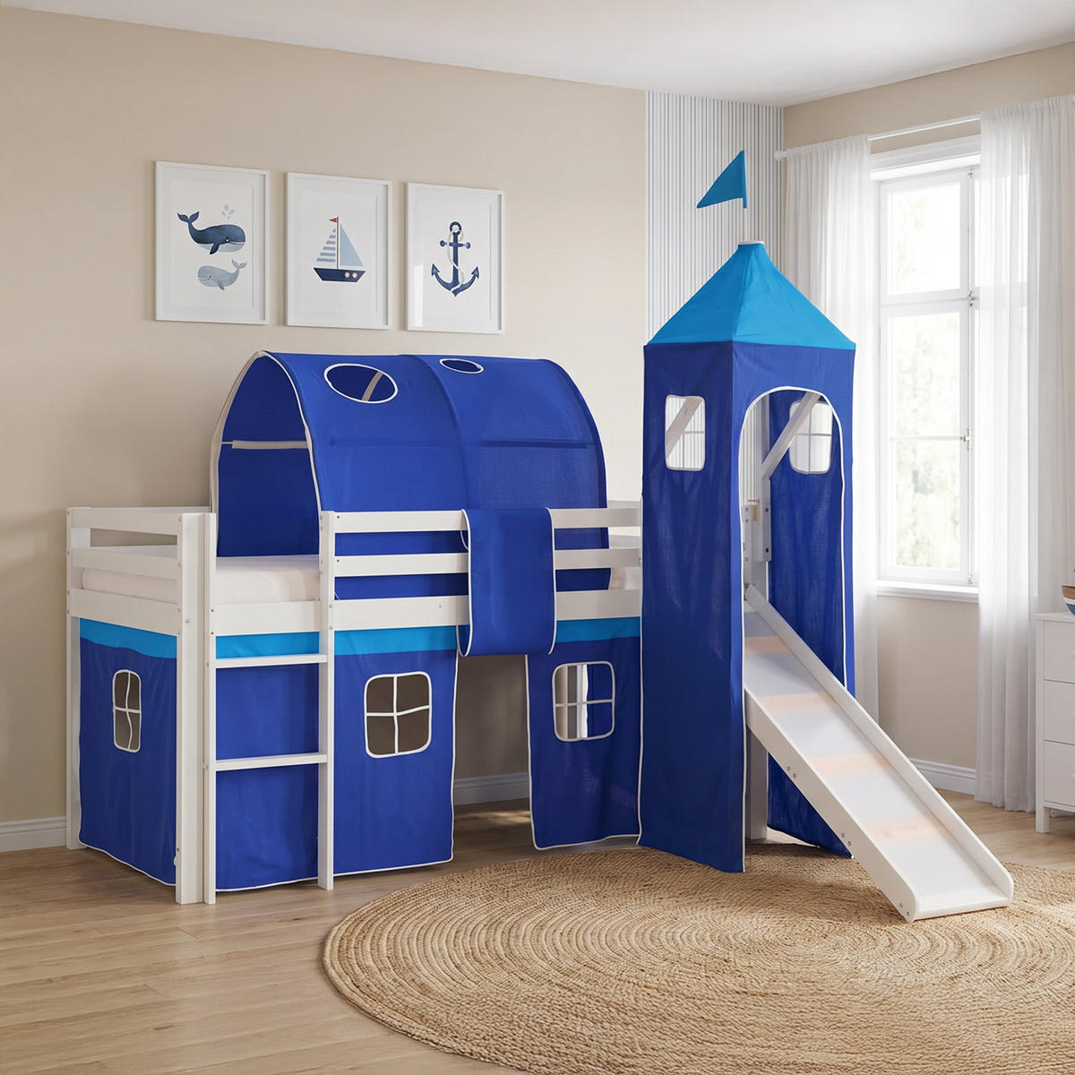 HOCHBETT 90/200 cm in Blau mit Lattenrost + Matratze - Blau/Weiß, Holz - Homestyle4u