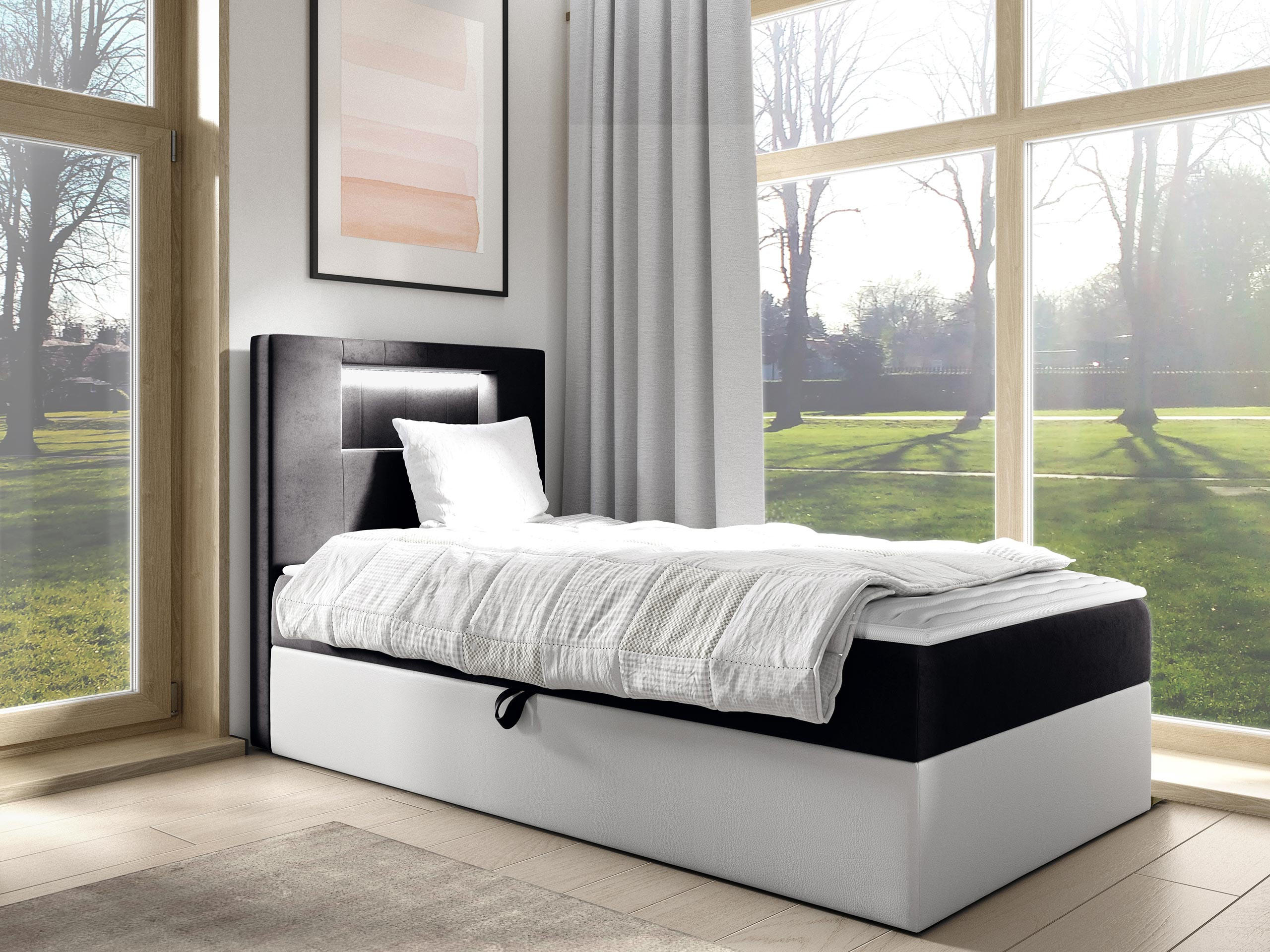 BOXBETT Gold Junior 1, Seite zum Öffnen des Bettkastens: Links - Schwarz/Weiß, Holz (100/200cm) - MIRJAN24