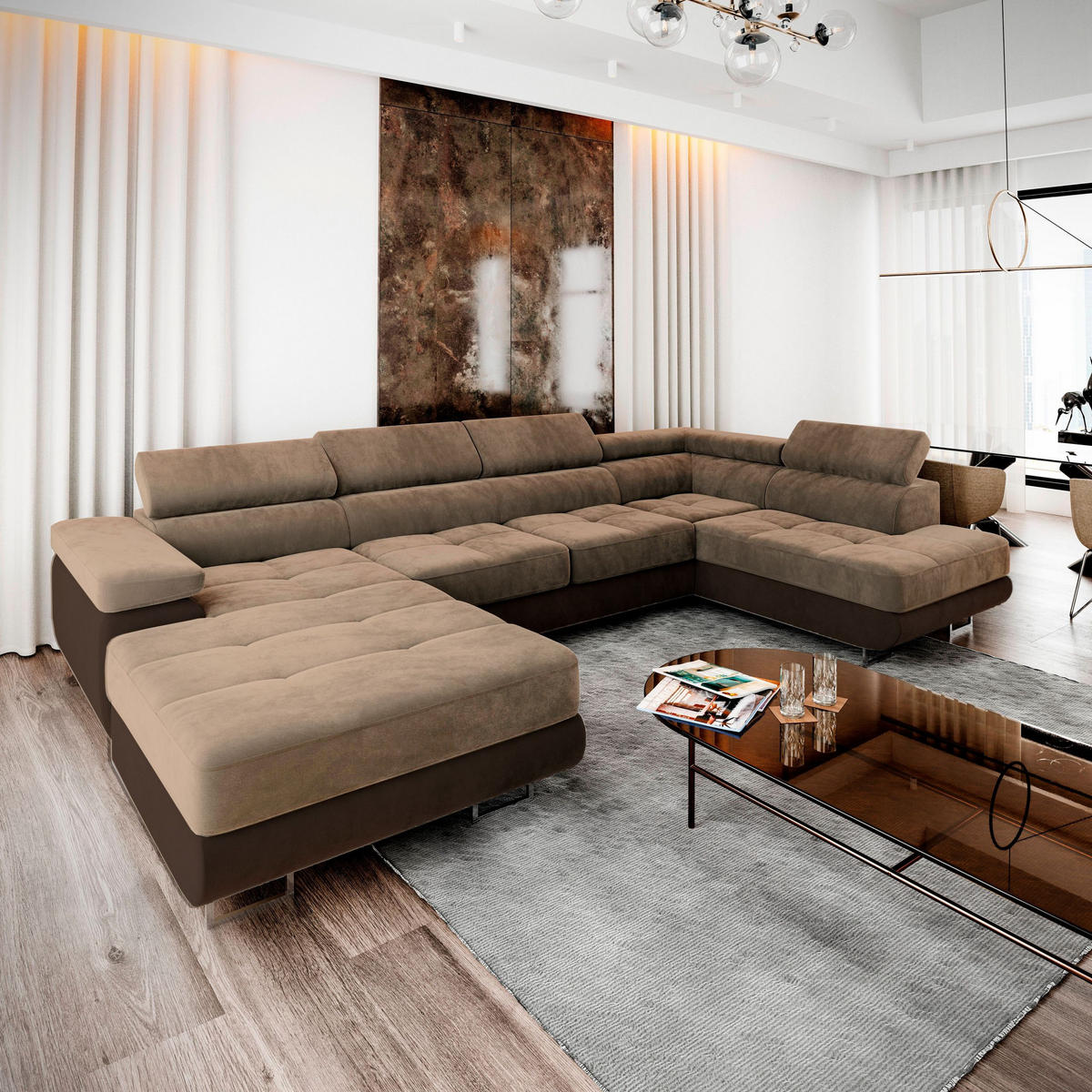 WOHNLANDSCHAFT CASONE R-S Beige Velours-Stoff mit Schlaffunktion - Beige, Holz (345/90/202cm) - MASSENO