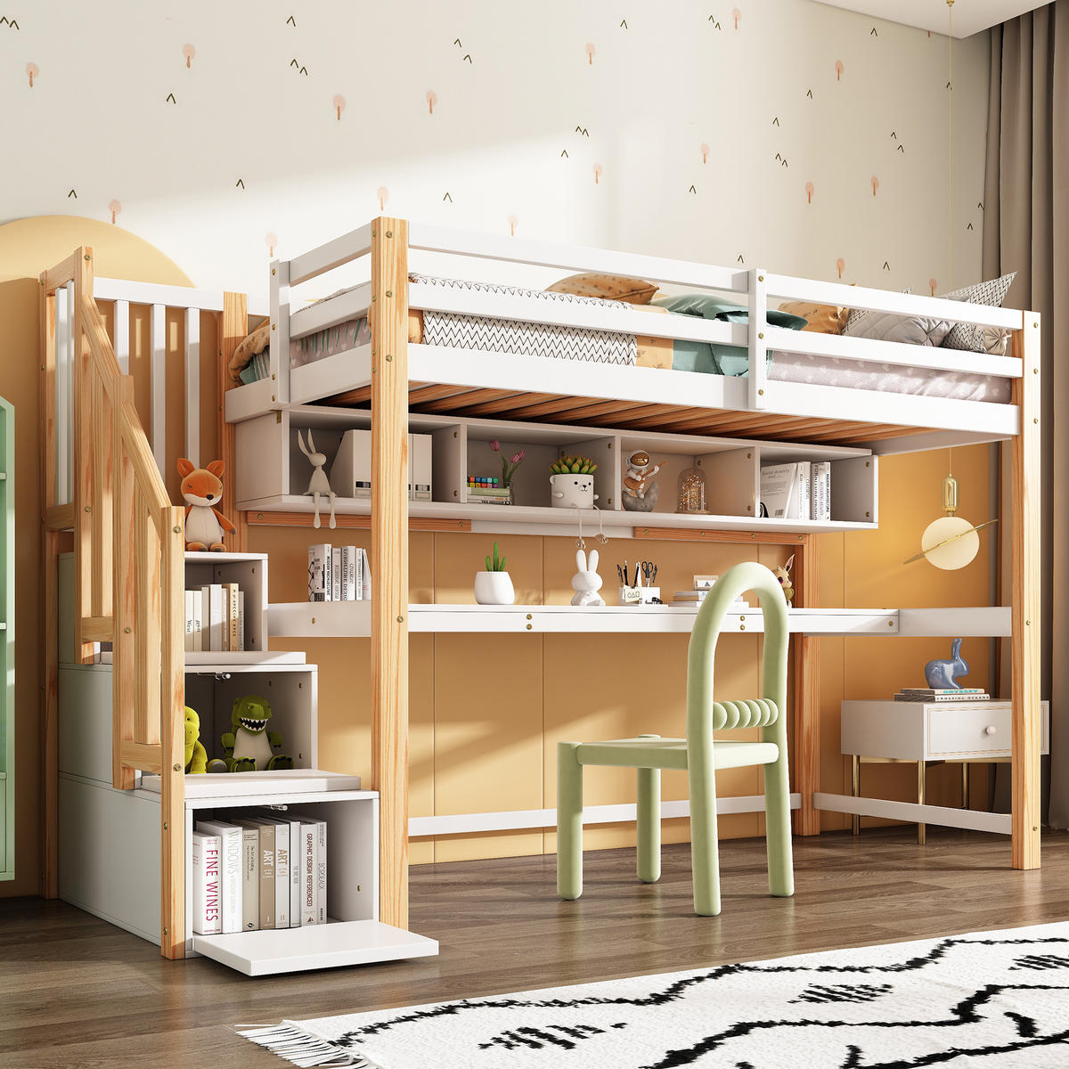 HOCHBETT 90x200cm mit großen Schreibtisch in natürlich und wei - Naturfarben, Holz (90/200cm) - KOMHTOM