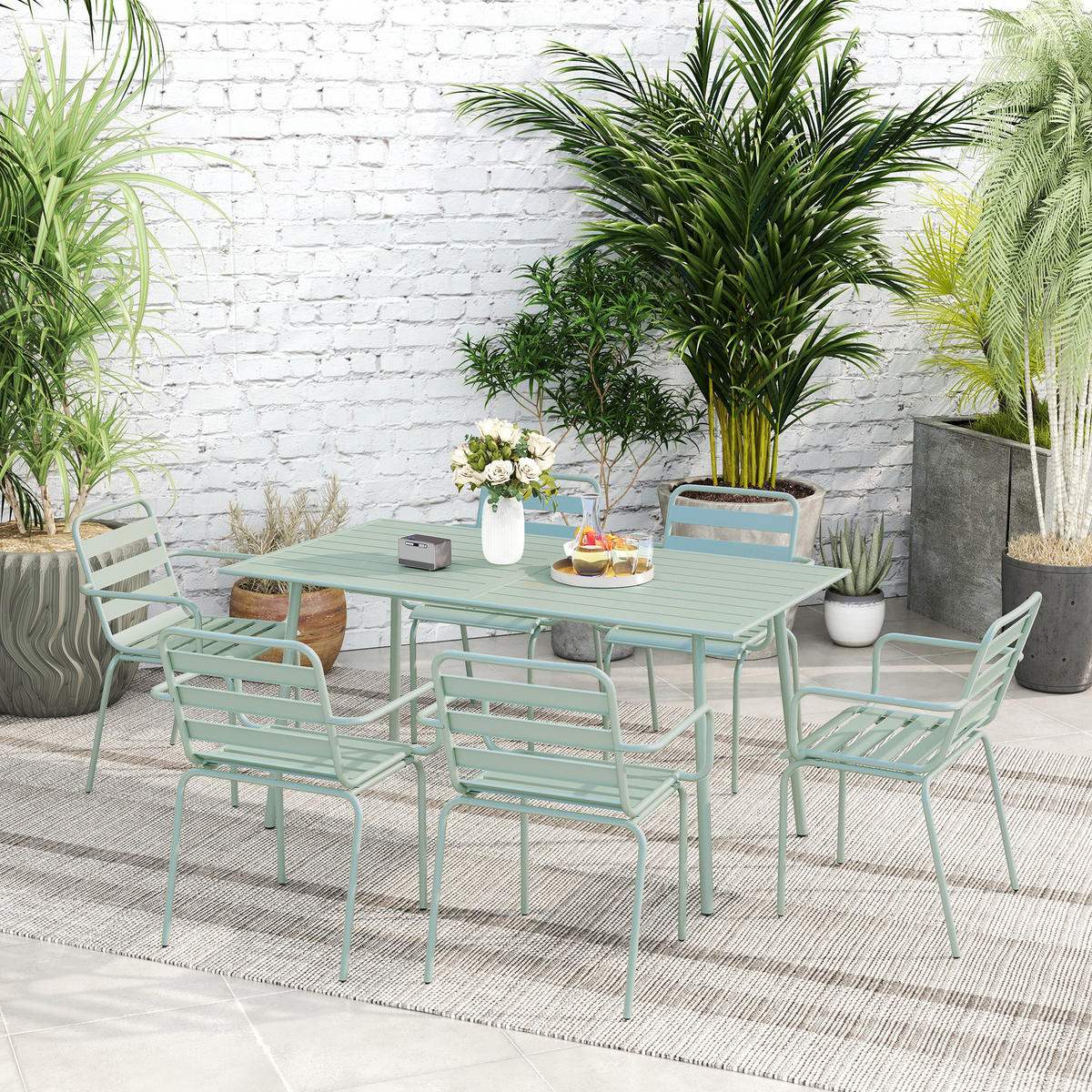 GARTENTISCHGRUPPE DE-18097 7-teilig, stapelbar Hellgrün - Grün, Metall - ComfortXL