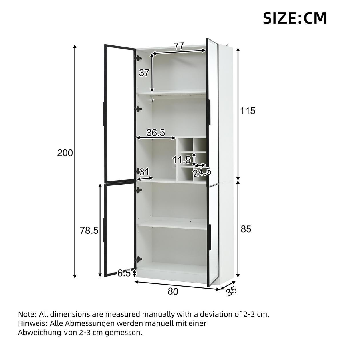 VITRINE 80/35/200 cm aus Spanplatte mit LED-Beleuchtung, App-Steuerung und Weinfach, Weiß - Weiß, Holzwerkstoff (80/200/35cm) - Redom