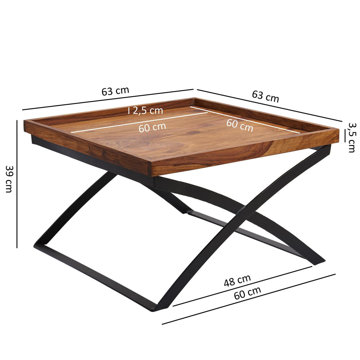 COUCHTISCH Quadratisch, Sheesham Holz und Eisen, Industrial-Stil, Maße 63x39x63 cm - Schwarz/Braun, Holz/Metall (63/63/39cm) - KADIMA DESIGN