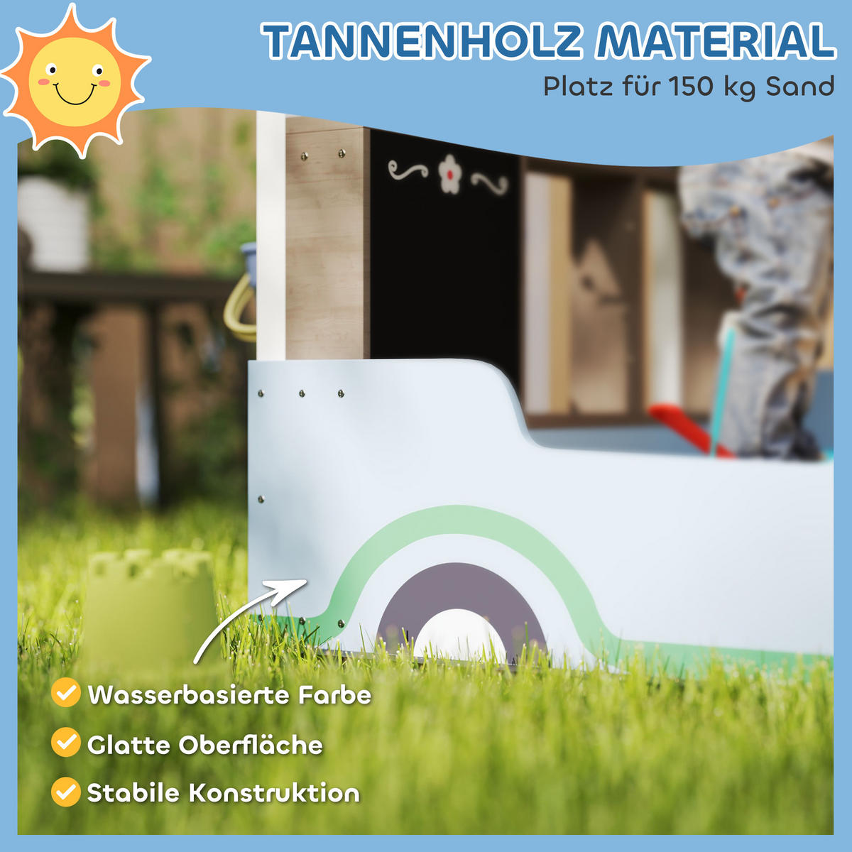 SANDKASTEN mit Dach, 90 x 108 cm Sandkiste aus Holz Sandbox mit Sitzbank Blau - Blau, Holz (108/90/104cm) - AIYAPLAY
