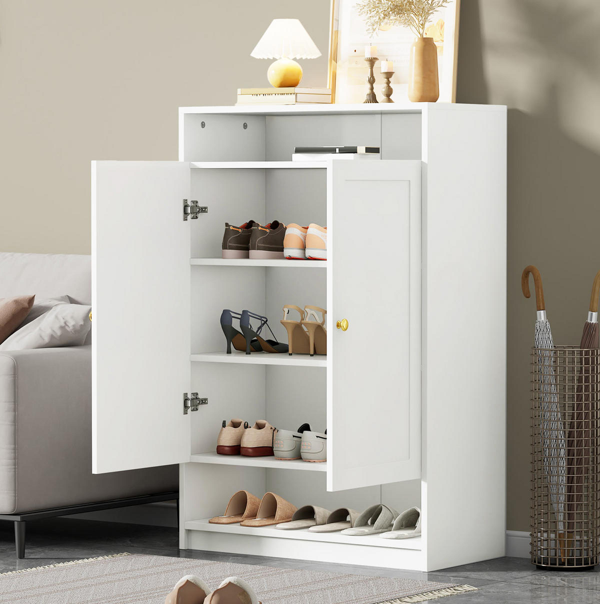 SCHUHSCHRANK 73/34/109 cm in Weiß mit 2 Türen und höhenverstellbaren Böden - Weiß, Holzwerkstoff (73/109/34cm) - BEAOK