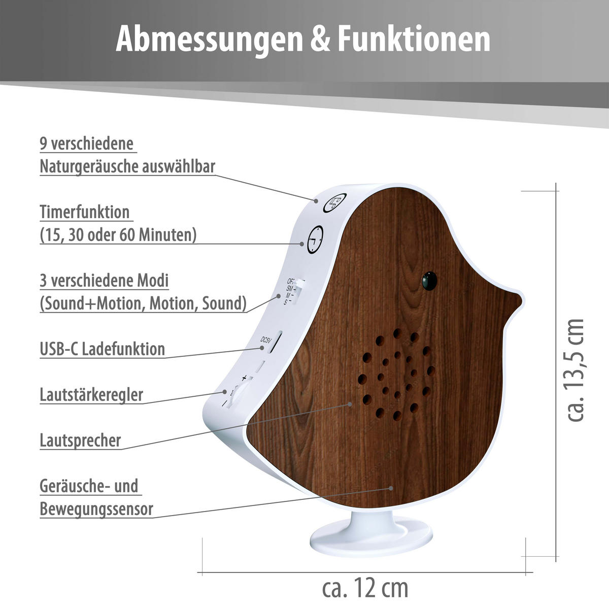 NATURGERÄUSCHE-BOX Vogel Sound Box 14x12x3 Echtholz Nussholz - Dunkelbraun, Kunststoff (12/13.5/4cm) - Northpoint