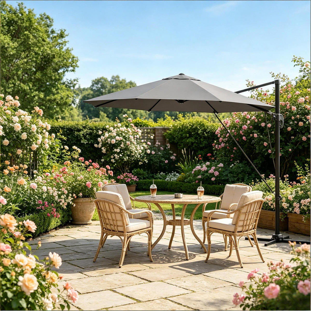 SONNENSCHIRM Rund Metall 306x167x207cm Dunkelgrau Mit Kreuzfuß - Dunkelgrau, Textil (167/306cm) - Raelunyi