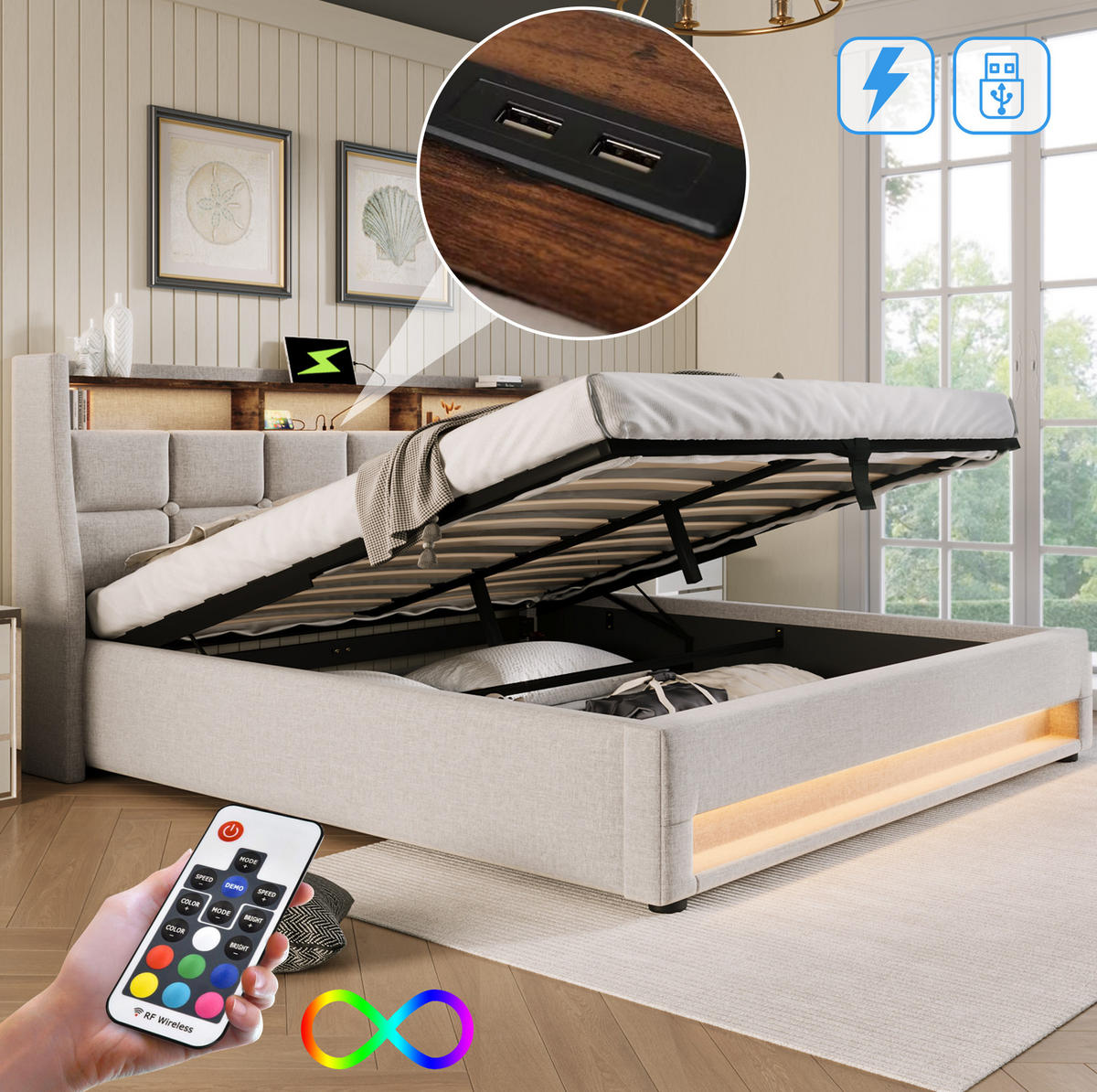 POLSTERBETT 160/200 cm Beige aus Leinenmaterial mit LED und USB - Beige, Textil (160/200cm) - OKMYHOME