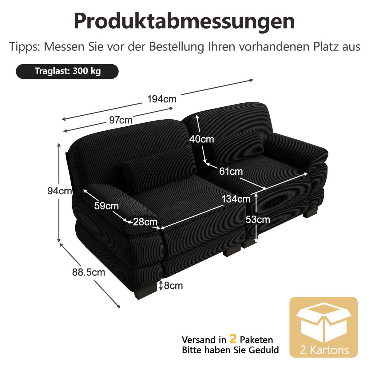 2-SITZER-SOFA modular mit Lendenkissen, DE-42659, Schwarz - Schwarz, Holz (194/94/88.5cm) - ComfortXL