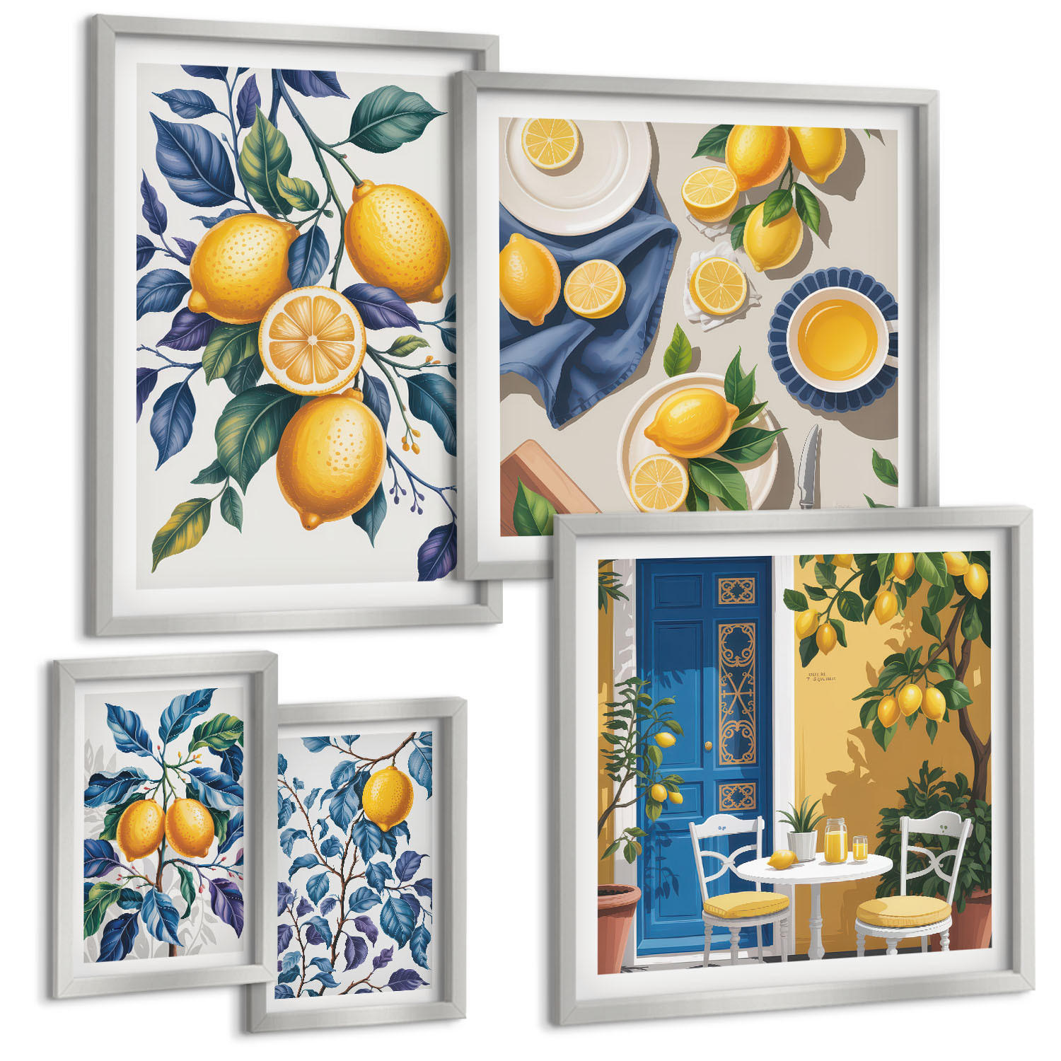 BILDER SET 5er Set - 50x50 cm & 20x30 cm & 40x60 cm Silberner Rahmen - Grüne Oliven, Eukalyptus - Silberfarben, Kunststoff (40/60cm) - TULUP