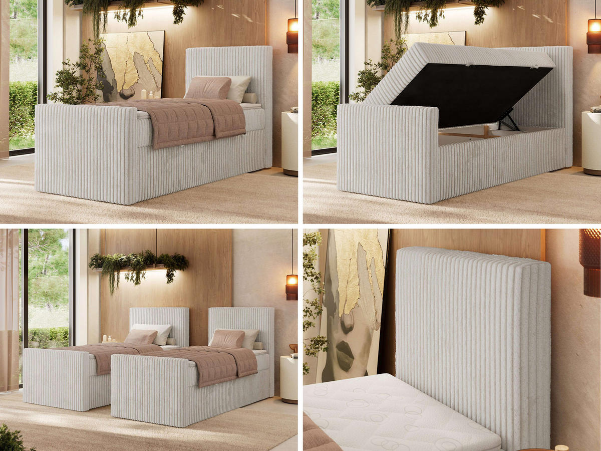 BOXBETT TILIANO DUO 90/200 - Beige Cord - H3 - Topper Visco - Rechts Seite - Beige, Textil (90/200cm) - MKS