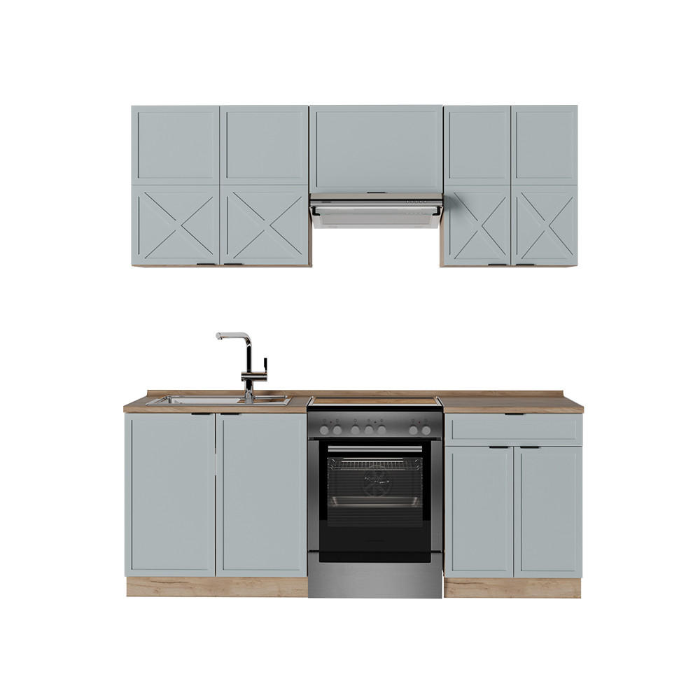 KÜCHENZEILE Fame-Line Hellblau-grau/Goldkraft Eiche 200 cm, AP Eiche - Honigeiche/Blaugrau, Holzwerkstoff (200/81.6/60cm) - Vicco