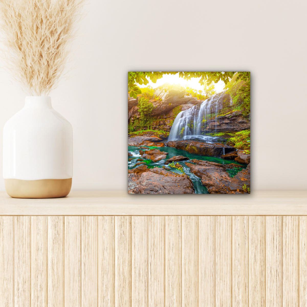 LEINWANDBILD Natur - Wasserfall - Pflanzen - Bäume - Sonne Deko Wohnzimmer 20x20 cm - Olivgrün, Textil (20/20cm) - MuchoWow