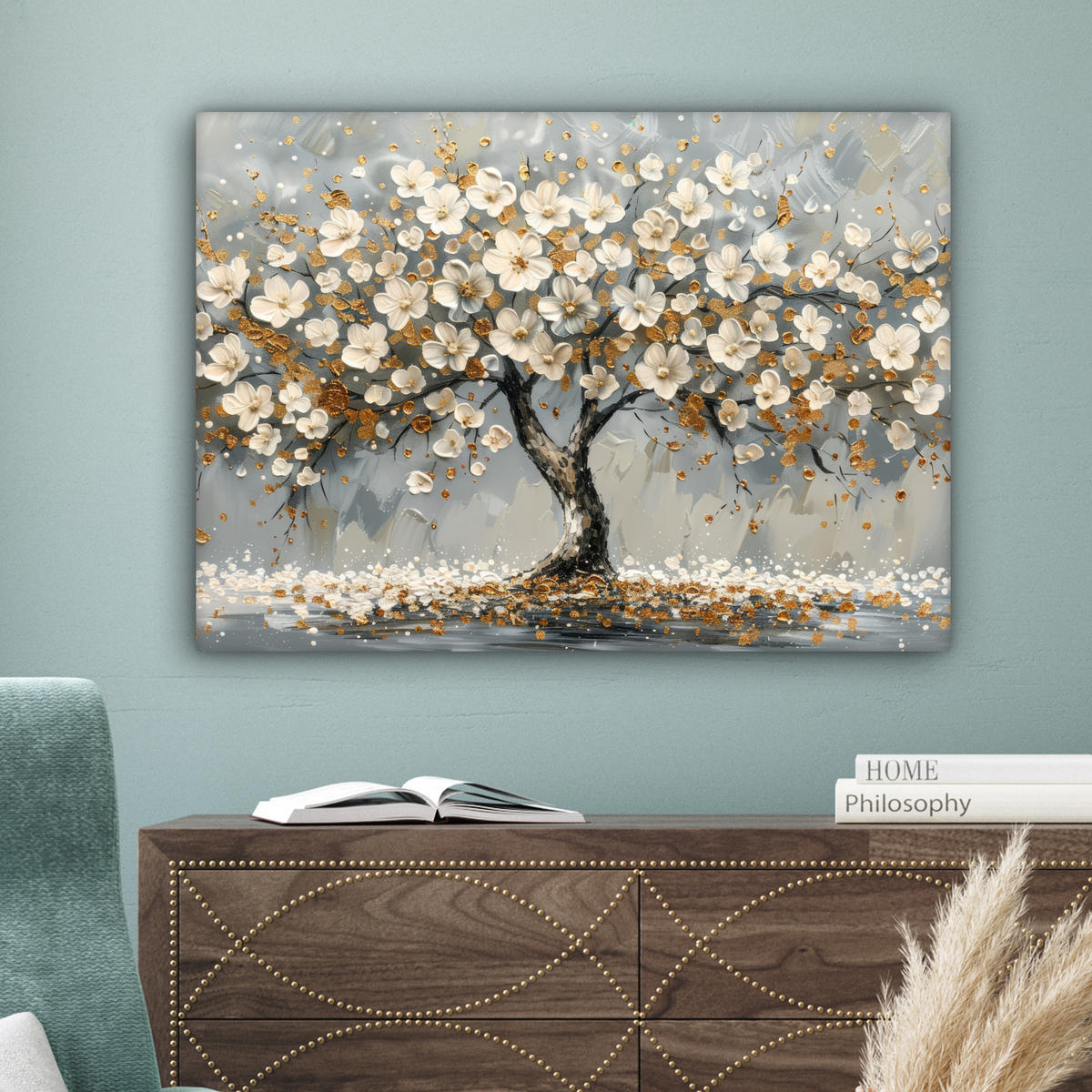 LEINWANDBILD Baum - Blumen - Weiß - Natur - Kunst Wandbilder 80x60 cm - Weiß, Textil (80/60cm) - MuchoWow