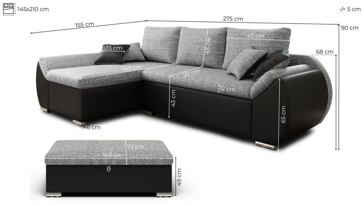 ECKSCHLAFSOFA ALEX – Schwarz + Weiß (Lawa 06 + Soft 17) + Hocker - Links - Schwarz, Holzwerkstoff/Metall (275/155cm) - Möblo