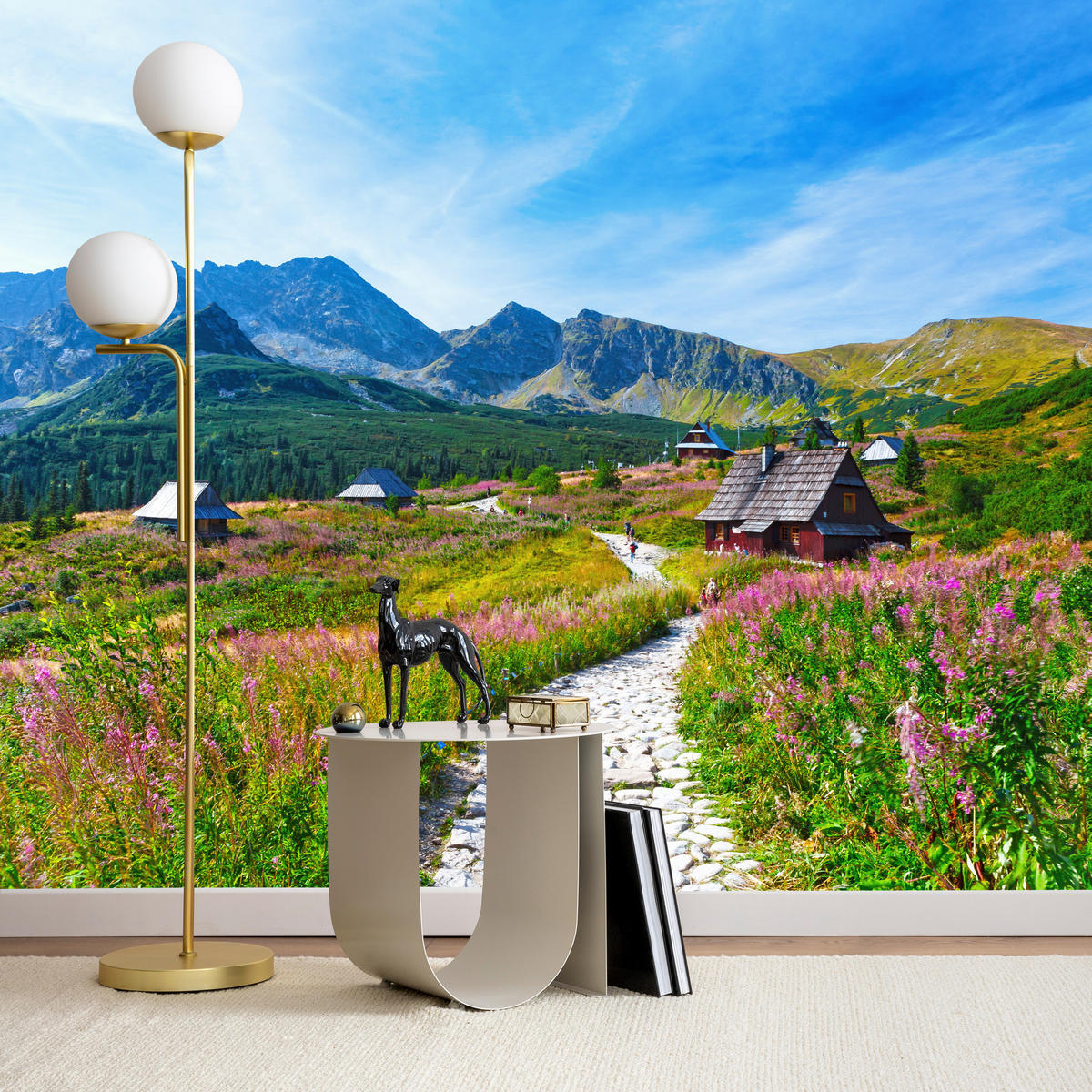 FOTOTAPETA Pre Obývaciu Izbu Kamenný Chodník Hory Stromy Rastliny Domy 100 x 70 cm - sivá/zelená, papier (100/70cm) - Muralo