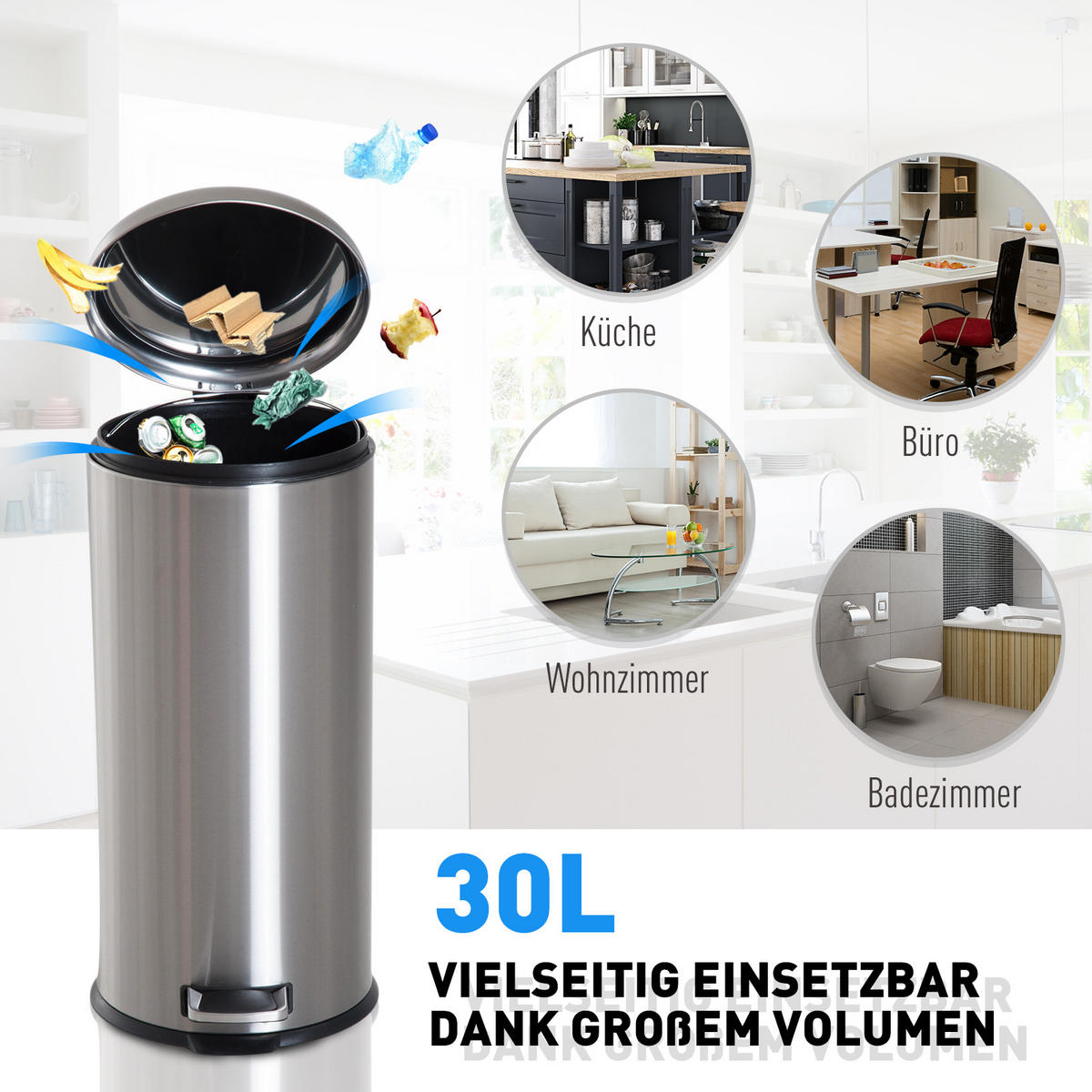 MÜLLEIMER, Edelstahl, Kunststoff, Silber - Silberfarben, Metall (29.2/62.9/29.2cm) - HOMCOM