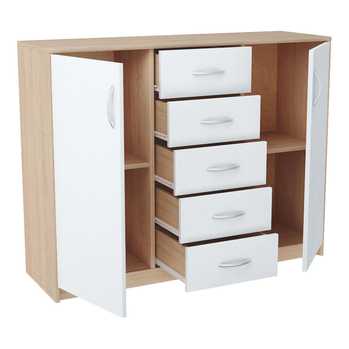 KOMMODE mit 5 Schubladen und 2 Türen in sonoma weiß - Weiß/Sonoma Eiche, Holzwerkstoff (110/85/35cm) - Home Collective