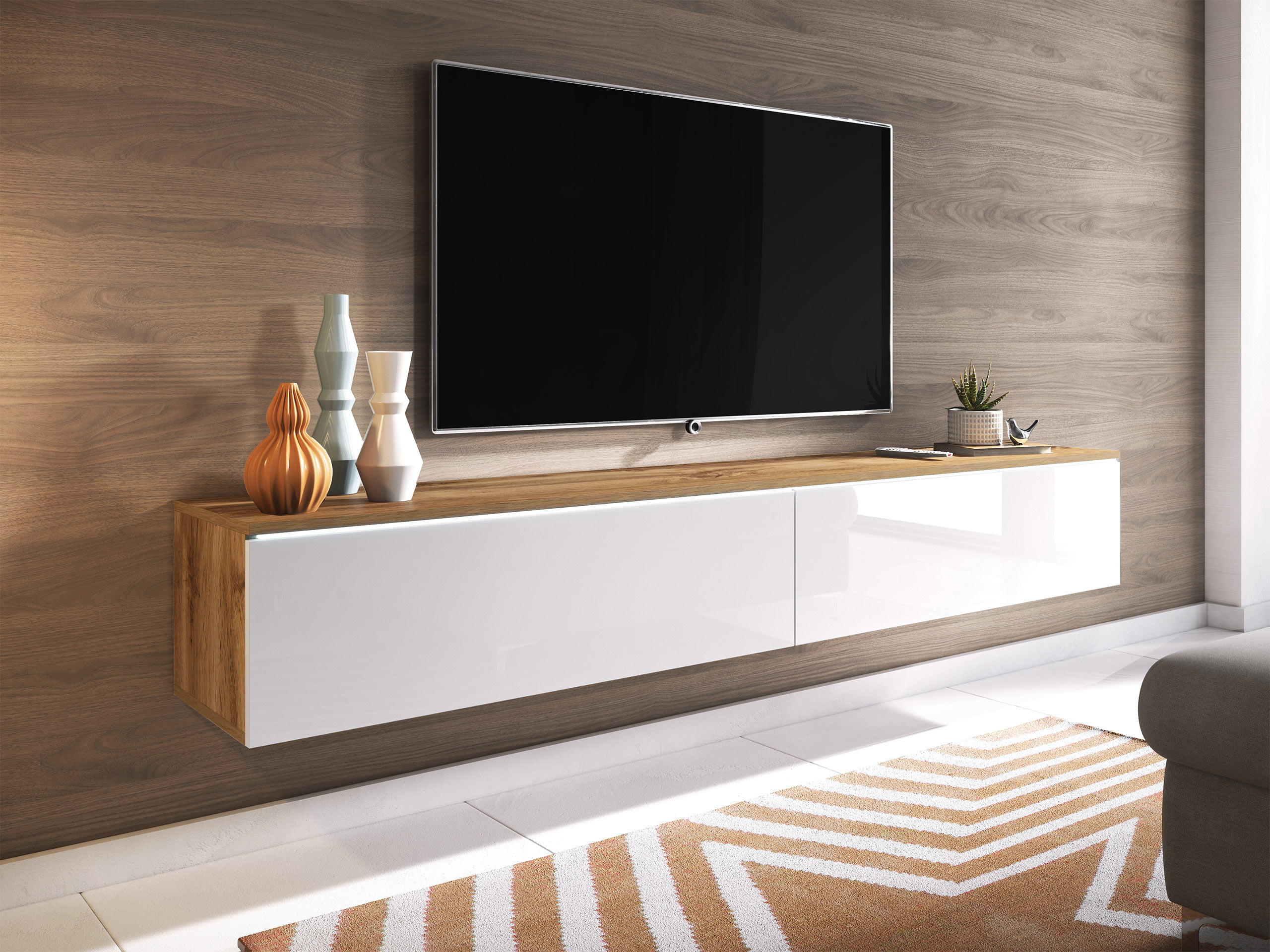TV-LOWBOARD D180 mit weißer LED Beleuchtung - Weiß Hochglanz/Silberfarben, Holzwerkstoff/Kunststoff (180/30/33cm) - MIRJAN24