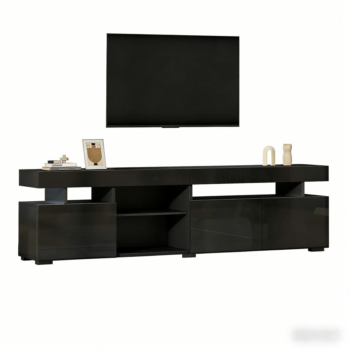 TV-LOWBOARD 180x35x45 cm Schwarz Hochglanz 3 Türen Glas Einlegeböden - Schwarz, Holzwerkstoff (35/45/180cm) - FLIEKS