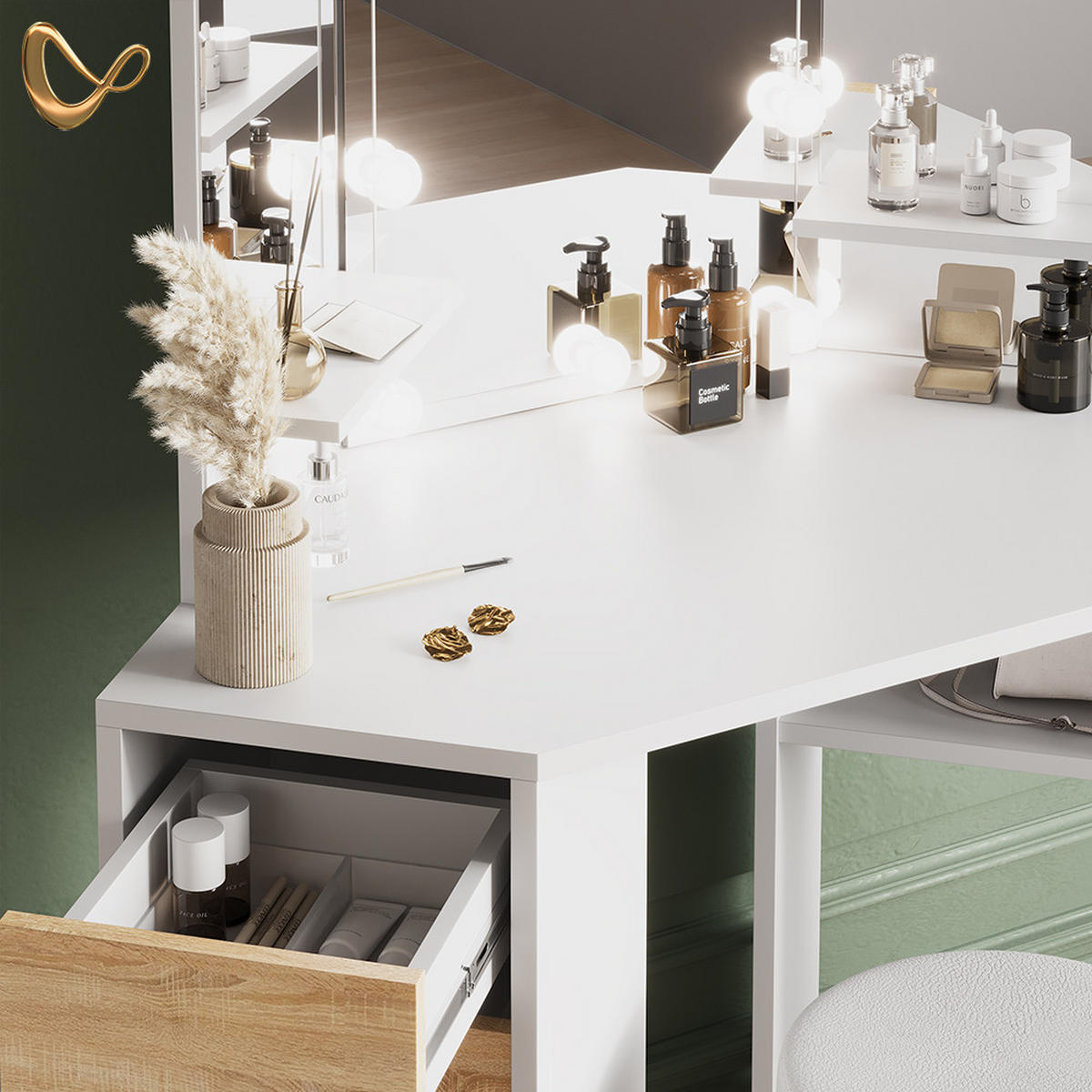 ECKSCHMINKTISCH Enna Weiß/Sonoma 110 cm mit Hocker - Weiß/Sonoma Eiche, Holzwerkstoff (110/141.5/54cm) - Livinity®