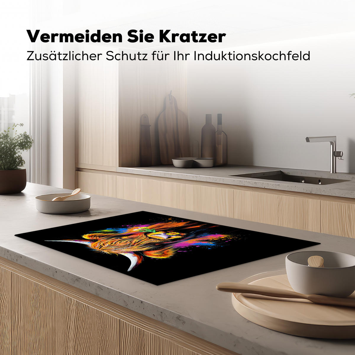 HERDABDECKPLATTE Schottischer Highlander - Graffiti - Bunt - Blume - Tiere Induktionsmatte 77x51 cm - Multicolor, Kunststoff (77/51/0.2cm) - MuchoWow
