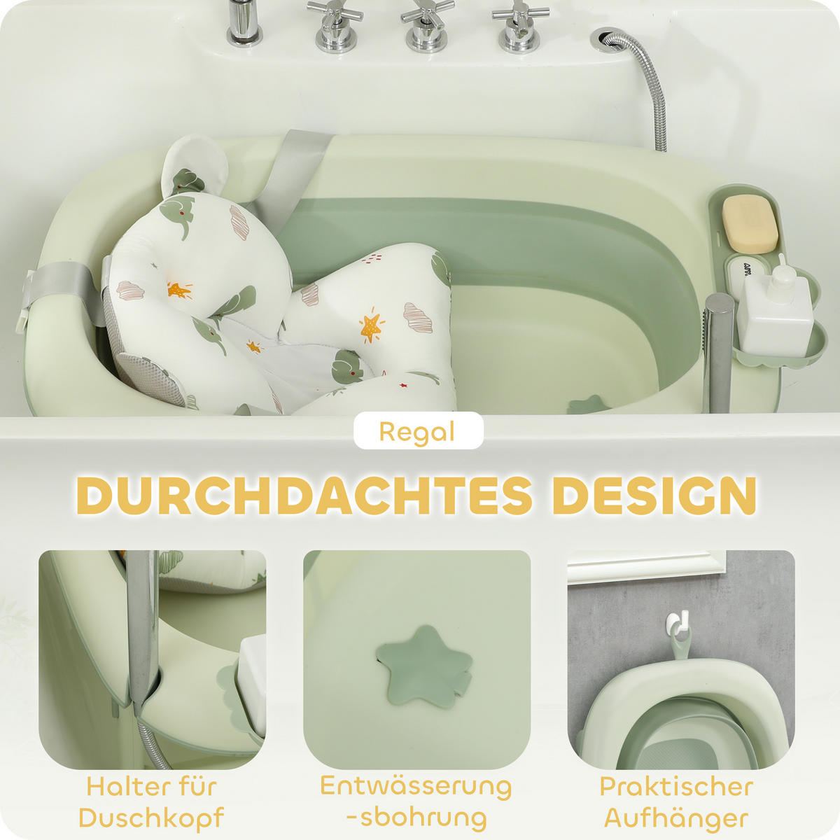 2ER -Set Babybadewanne, faltbar Baby Bathtub mit Gestell, rutschfest Babywanne - Grün, Kunststoff (53/86cm) - AIYAPLAY