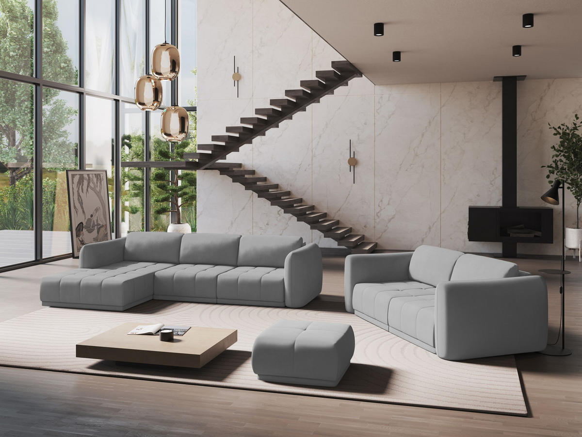 ECKSOFA Links Chenille Stoff Grau - Hellgrau/Schwarz, Kunststoff/Textil (170/290cm) - Makamii