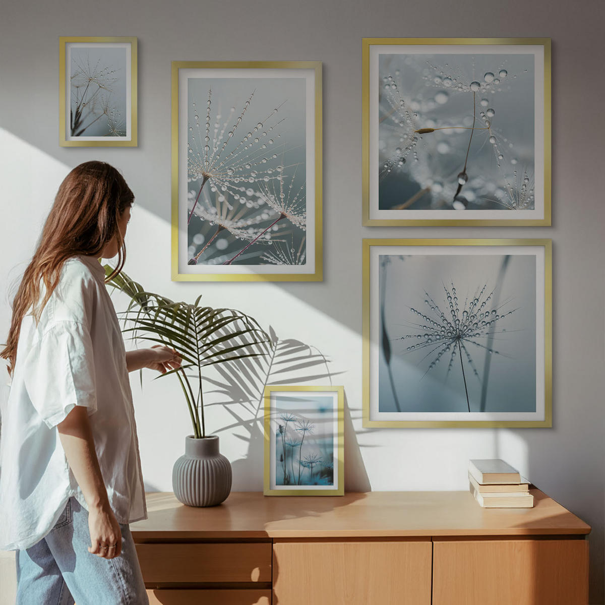 WANDBILDER 5er Set - 50x50 cm & 20x30 cm & 40x60 cm Goldrahmen - Tautropfen auf Löwenzahn - Goldfarben, Kunststoff (40/60cm) - ArtPrintCave