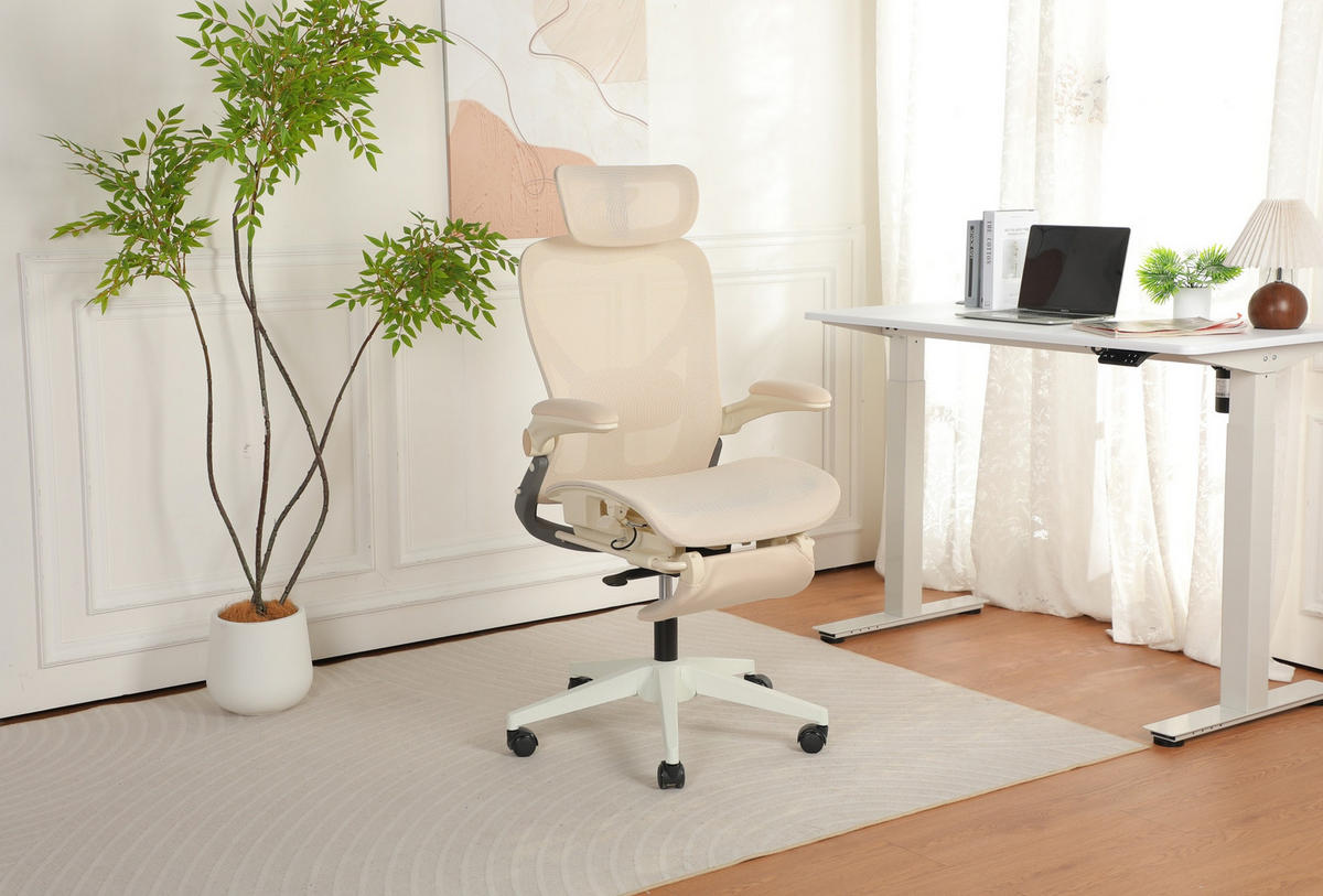 DREHSTUHL 67/67/129 cm cream aus Mesh klappbar ergonomisch mit Kopf- und Taillenstütze - Creme, Textil (62/129/48.5cm) - OKWISH