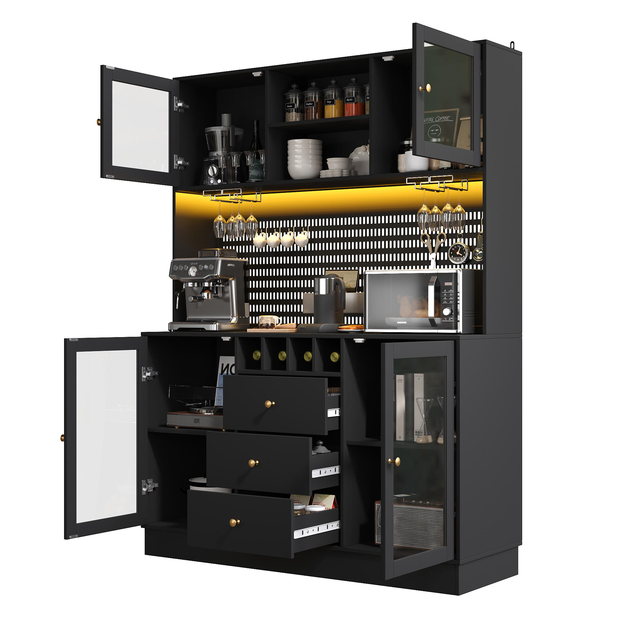 BUFFET 140/40/185,7 cm schwarz aus MDF und Glas mit LED-Beleuchtung - Schwarz, Holzwerkstoff (140/185.7/40cm) - OKWISH
