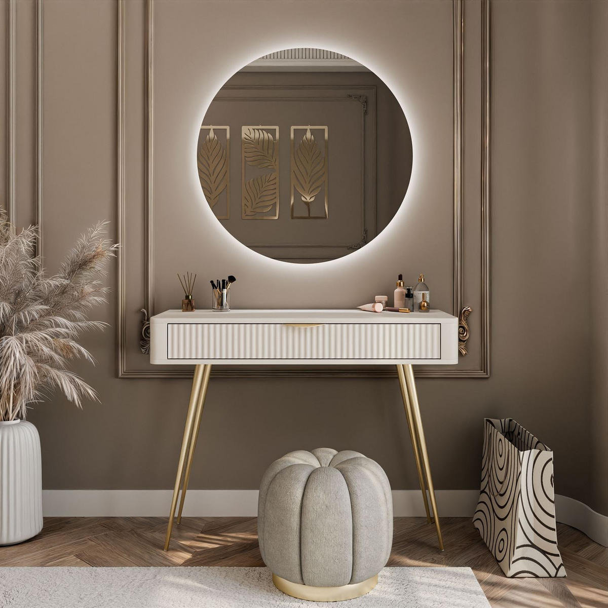 SCHMINKTISCH SCARLETT MIT RUNDEM LED-SPIEGEL BEIGE + GOLD - Beige, Holzwerkstoff (100/78/38cm) - Lookway
