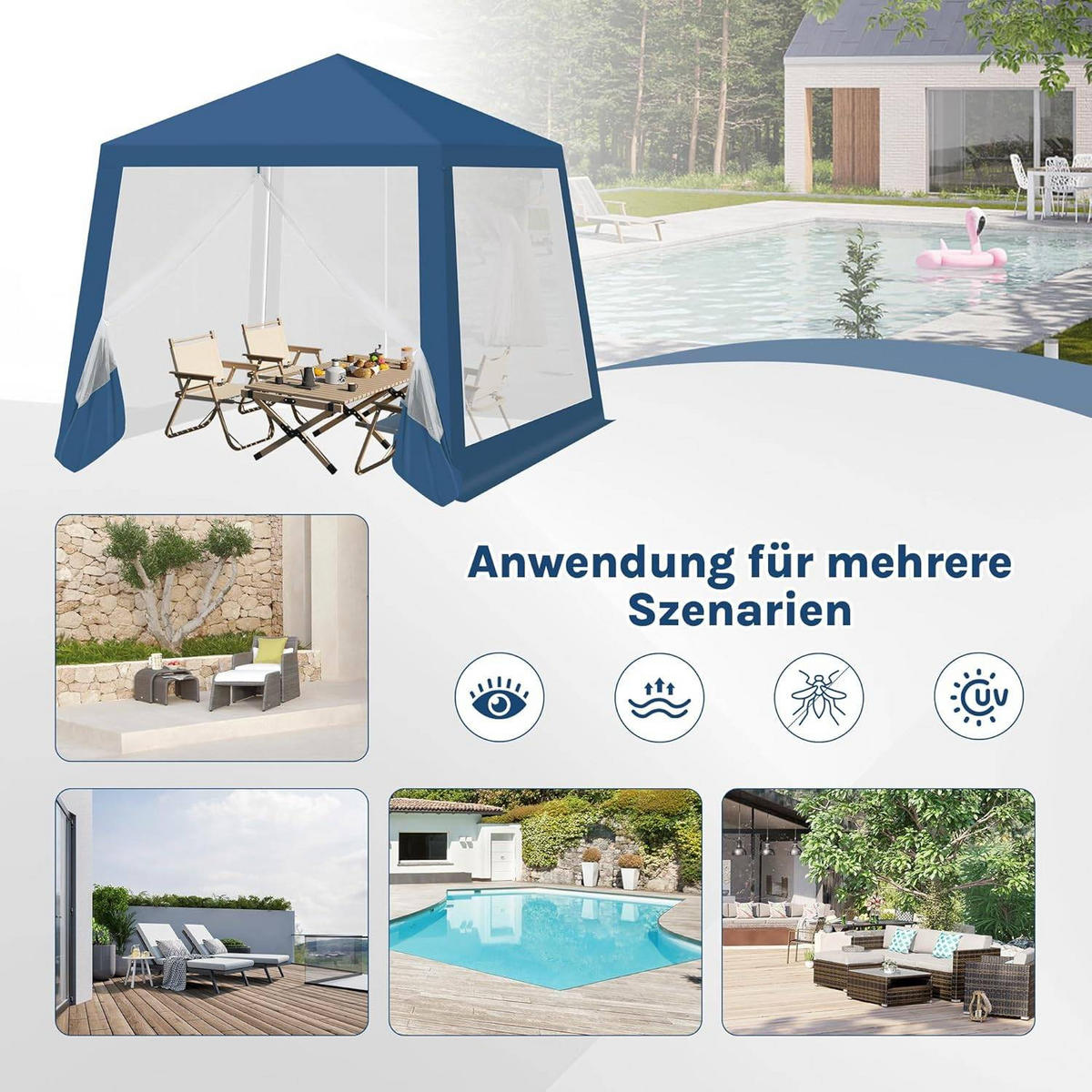 PAVILLON 3x3 m, Gartenpavillon mit Seitenwänden Moskitonetz - Blau, Metall (300/250/300cm) - Woltu